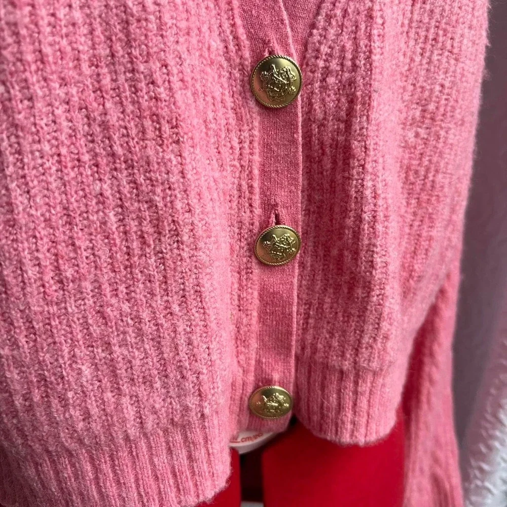 Bubble Gum Pink J Crew Cropped Wool & Alpaca Blend Cardigan With Gold Buttons
